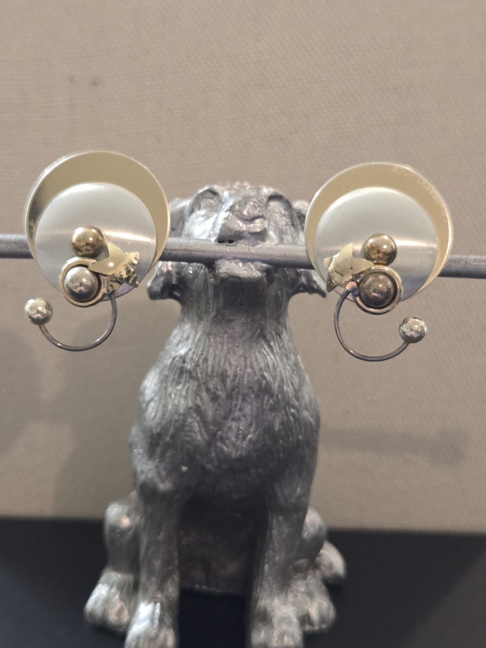 Vintage Two-Tone Disc & Ball Drop Earrings — Space Age